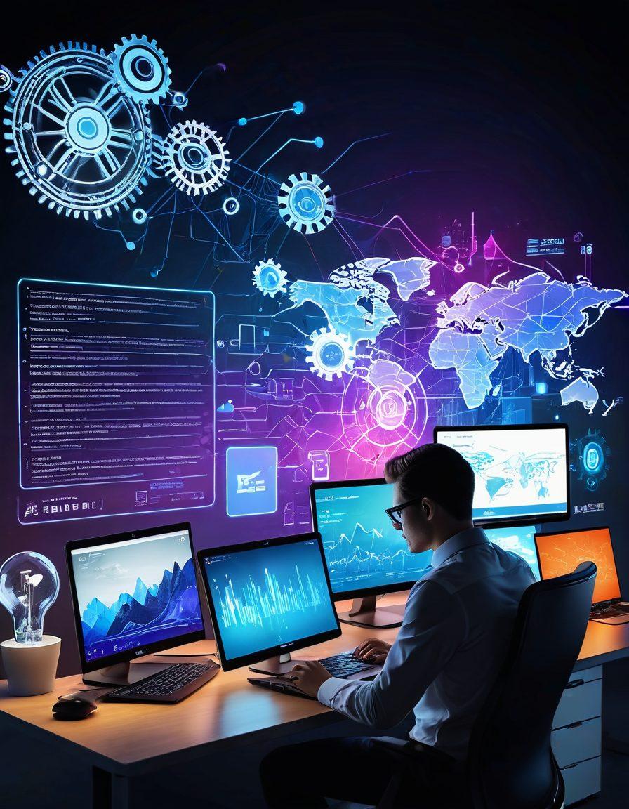 A captivating digital landscape showcasing a diverse array of hosting servers and cloud technology icons interlaced with gears and light bulbs symbolizing innovation. In the foreground, a computer user is exploring options on a sleek laptop, with vibrant graphs and charts emerging around them, representing potential growth and success. The overall tone is aspirational and tech-savvy, aimed at individuals seeking to enhance their online presence. super-realistic. vibrant colors. 3D.